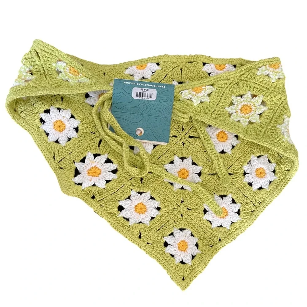 Earthbound Trading Co Green Crochet Daisy Granny Square Bandana Hair Scarf Boho